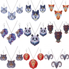 Print Pattern Butterfly Pendant Necklace Earring Women Jewelry Sets Xmas Gift lion