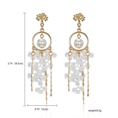Women Jewelry Geometry Pentagram Crystal Pearl Lace Tassel Earrings Pearl
