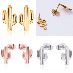 Cute Plant Cactus Stainless Steel Stud Earrings for Girl Jewelry Gold