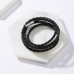 Rinhoo Punk 96cm Long Leather Wrap Bracelets for Men Classic Black Color Multilayer Braided Male Bracelet Wristband Jewelry Gift Black