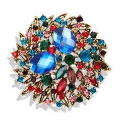 Inlay Rhinestone With Blue Gemstone Retro Flower Brooch Colorful