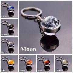 Galaxy Solar System Glow in the Dark Double Side Glass Ball Planet Keychain Ring Moon