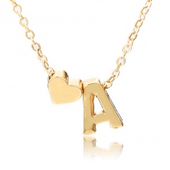 Fashion 26 Letter with Heart Pendant Necklace Gold Chain Short Alloy Necklace Jewelry Gift A