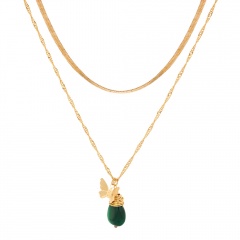 Butterfly Pendant Multi-layer Chain Clavicle Chain Necklace Green natural stone