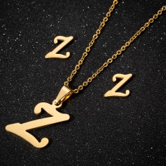 A-Z Letter Gold Stainless Steel Necklace Earring Set (Chain length: 45cm) A
