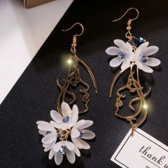 White resin flower and girl asymmetrical crystal long tassel ear hook earrings gold