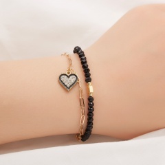 Geometry inlaid rhinestone pendant crystal beaded chain double bracelet (chain length 17+3cm) love heart
