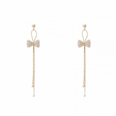 Long full rinestone bow stud earrings gold