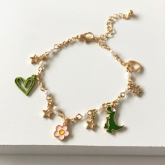 Green dinosaur love five-pointed star hollow daisy flower imitation pearl painting oil adjustable bracelet Green dinosaur