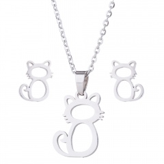 Silver Stainless Steel Necklace Earring Set Silver kitten