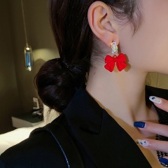 Red Bowknot Pendant Paint Rhinestone Stud Earrings (Size: 4.2*3.2cm/Material: Alloy + Paint + Rhinestone + Zircon + Silver Needle) Red Bowknot 1