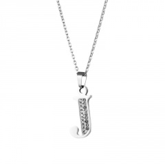 26 Alphabets Stainless Steel Full Diamond Pendant Clavicle Chain Necklace (Material: Stainless Steel + Diamond/Size: 45+5cm) J