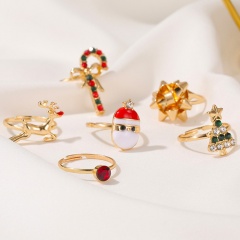 6PCS Christmas Elk Christmas Tree Rhinestone Painting Oil Opening Adjustable Joint Ring Set (Size: Opening Adjustable/Material: Alloy + Painting Oil + Rhinestone) Gold