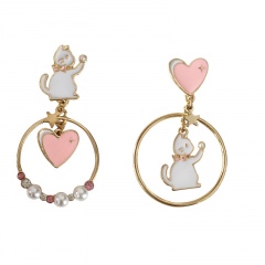 S925 Silver Needle Asymmetrical Stud Earrings Loving cat