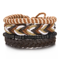 Wooden Bead Leather Hand Woven Bracelet 4PCS/Set